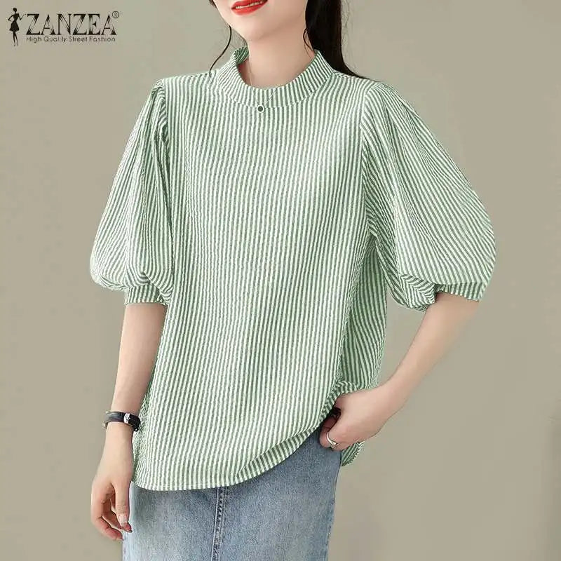 ZANZEA Women Summer Elegant Striped Shirt Fashion 3/4 Lantern Sleeve Blouse Office Work Tops Casual Female Loose Party Blusas