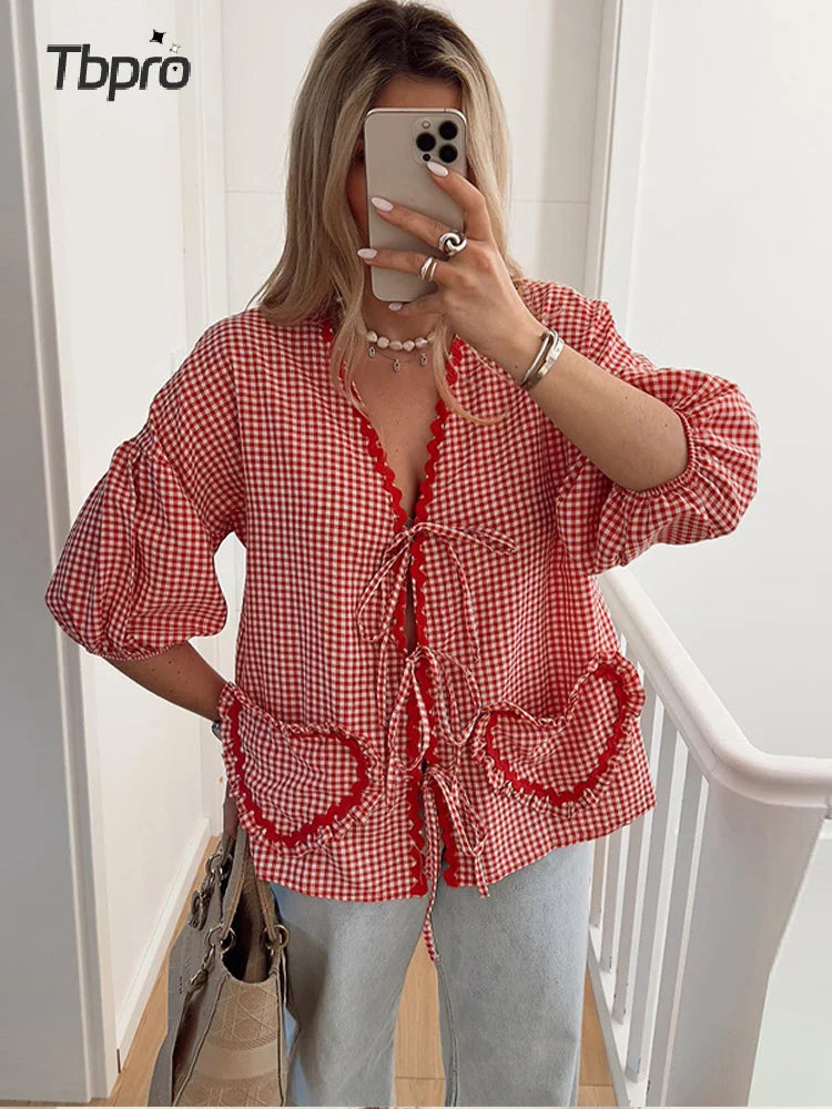 Elegant Plaid Bow Lace Print Women Shirt Fashion Casual Long Lantern Sleeve V Neck Tops 2024 Spring Summer Female Love Outwear