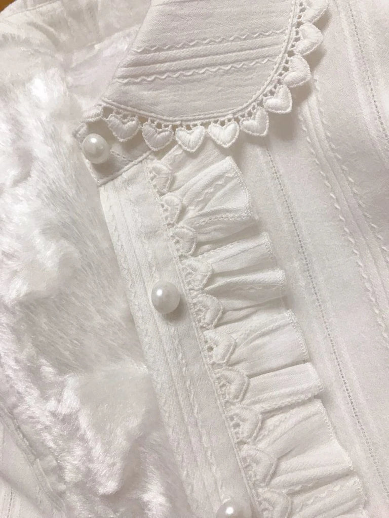 Japanese Preppy White Shirts Women Vintage Victorian Elegant Lace Ruffles Blouses Sweet Lolita Long Sleeve Slim Crop Tops New