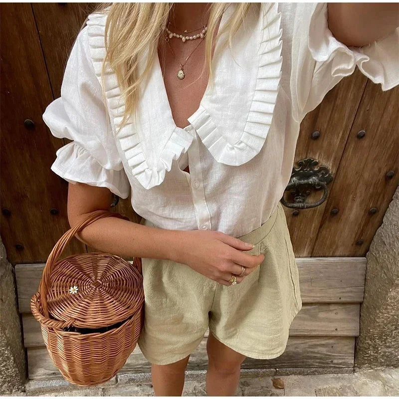 Casual Ruffle Doll Collar Shirts Shorts Set Women Puff Short Sleeve Single Breasted Blouses Suit 2024 Summer Loose Lady Suits