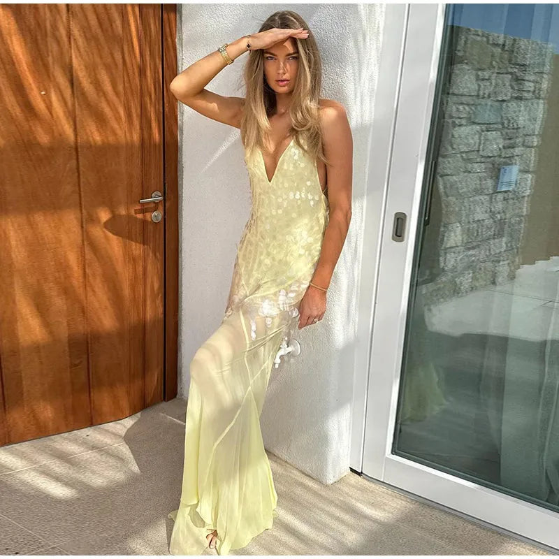 Sexy Sequins Backless Party Long Dress Women Bodycon Tulle V-neck Sleeveless Hip Package Long Dresses 2024 Summer Evening Robes