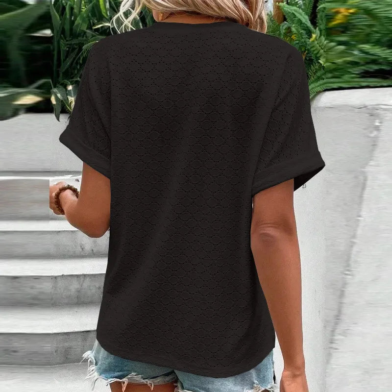 2023 New Fashion Women Blouses Casual Jacquard Button V-Neck Solid Loose Shirts Summer Short Sleeve Oversized Tops Female