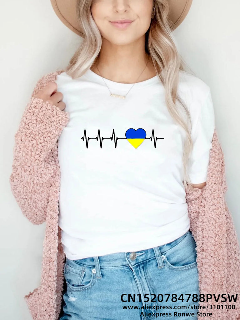 Heartbeat Blue Yellow Women Print T-shirt Girl Y2K Short Sleeve Tee Tops Lady 90S Sweetshirts Female Harajuku Clothing