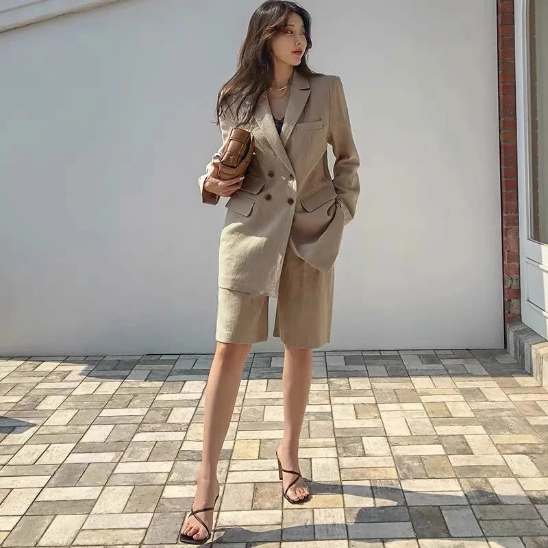 Flax Suit Women's Spring Summer 2023 New Casual Thin Cotton  Linen Small Blazers+shorts Two-piece Sets Comfortable Khaki Suits