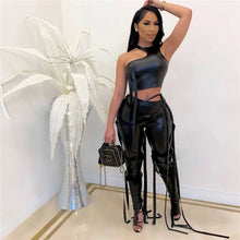 Load image into Gallery viewer, Y2K PU Faux Leather Two Piece Outfits for Women Party Club Matching Sets Ribbons Crop Top and Pants 2 Piece Sets Women Outfits