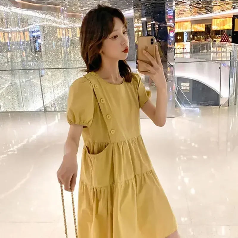 Yellow Short Silk Women's Dress Black Mini Female Dresses 2024 Kawaii Clothing Cute Fairy Chiffon Satin New in Cotton Luxury Xxl