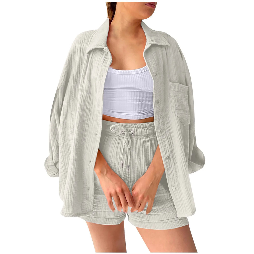 Two Piece Women's Summer Muslin Blouse Shirt And Shorts Clothes Two Piece Set Beach Outfit Set Two Piece Set Women