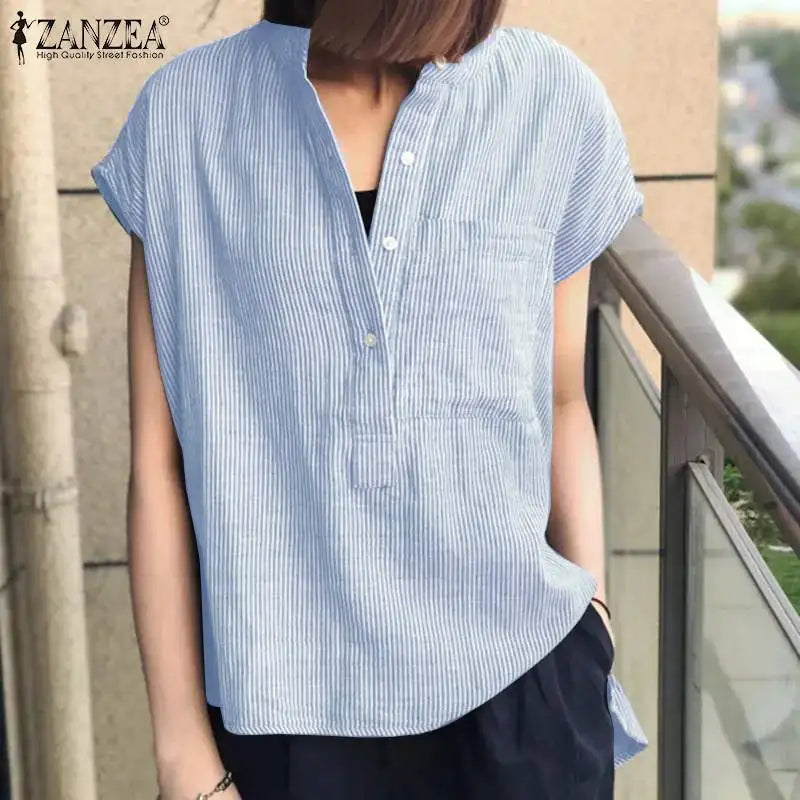 ZANZEA Women O Neck Short Sleeve Blouse Striped Printed Shirt Button Bohemian Casual Summer Tops Loose Work Blusas Femme Chemise