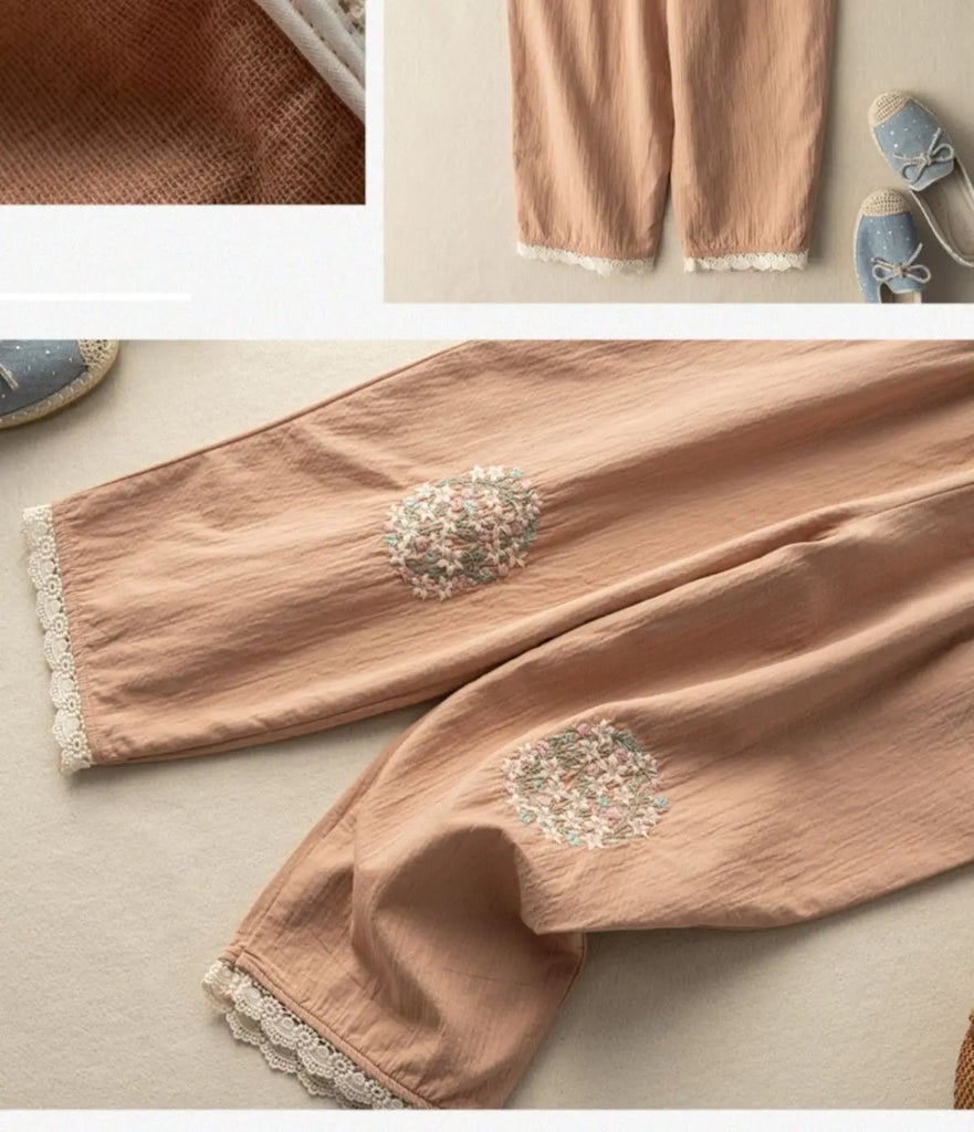 Cotton Flower Embroidery Casual Pants Literary Vintage Loose Slim Lace Wide Leg Trousers Breathable Harem Pants