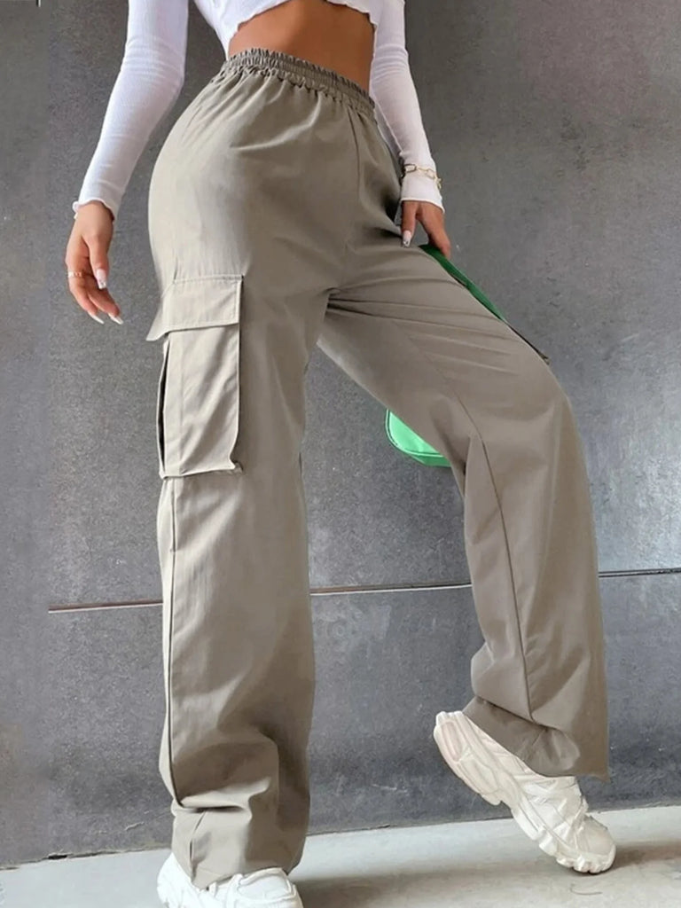 Women's Wide Leg Cargo Pants with Solid Flap Pockets and Loose Fit