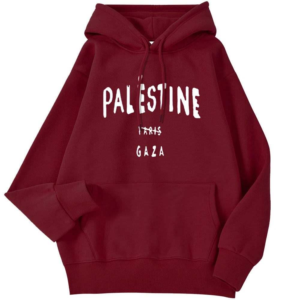 Winter Woman Hoodies Palestine Gaza Letter Printed Pullovers Breathable Loose Warm Pocket Sweatshirts Casual Ladies Streetwears