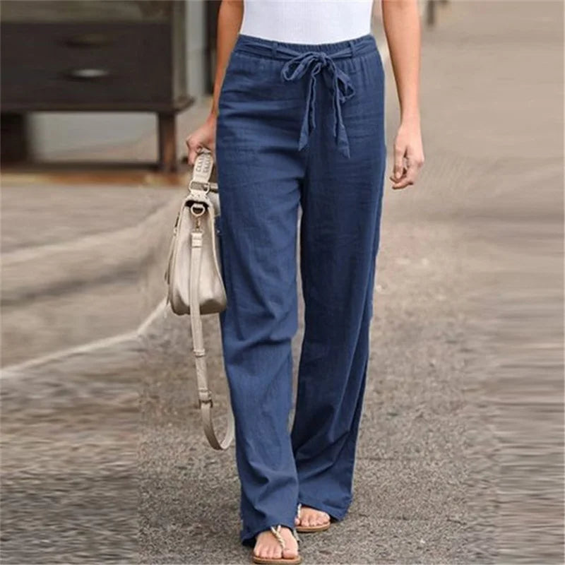 2023 Autumn Women's Summer Elastic Waist Pure Cotton Hemp Strap Loose Pants