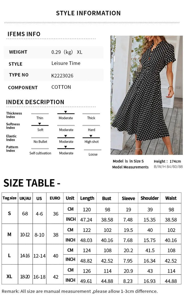 Ladies Polka Dot Print Shirt Dress Women Casual Midi Holiday Summer Dress Female Loose Women Beach Dress Sundress Robe Vestidos