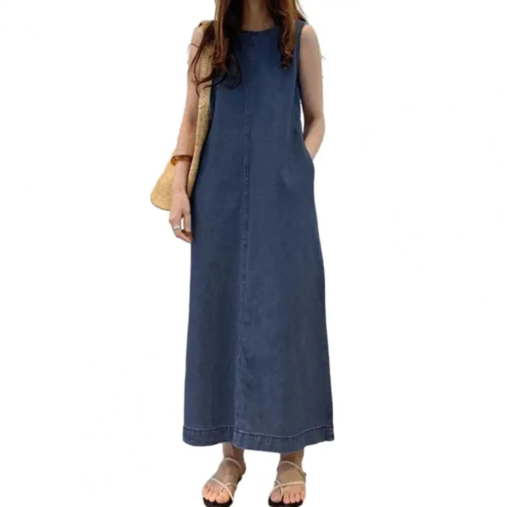 Femme Fashion Casual Loose Long Maxi Sundress Pleated Denim Vestido Sleeveless Robe Women Summer A Line Dress Overszie