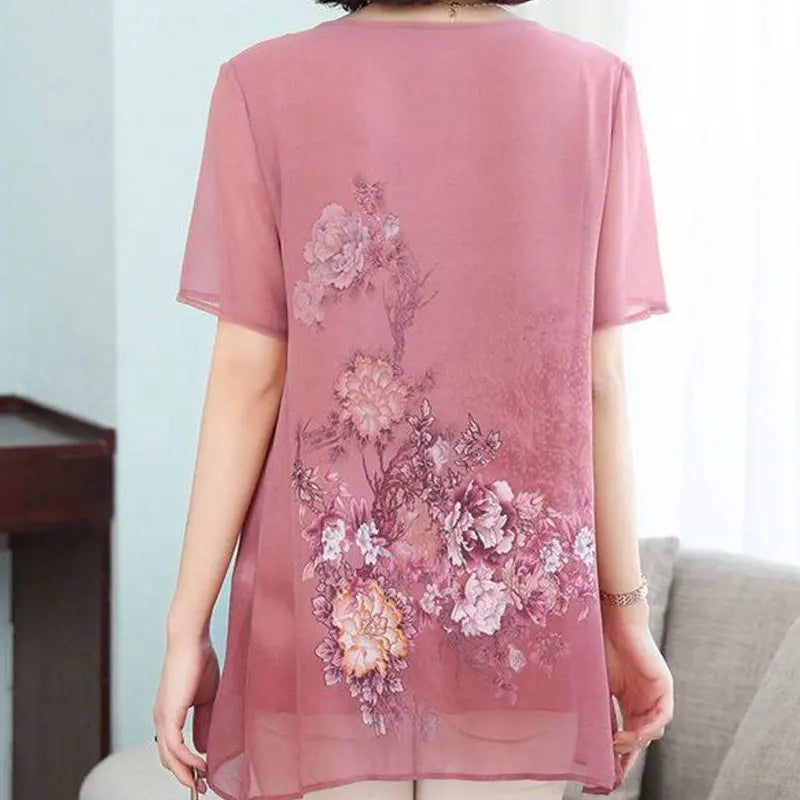 Summer Floral Printed Chiffon Shirt Short Sleeve Female Clothing Loose Stylish Asymmetrical Commute O-Neck Spliced Midi Blouse