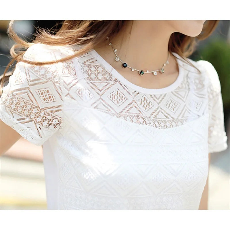 Women Summer Chiffon Blouse Lace Crochet Female Korean Shirts Ladies Blusas Tops Shirt White Blouses Slim Fit Tops 2024 New