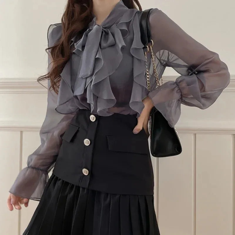 2024 Spring Chiffon Blouse Fashion Office Lady Tops Sweet Bow Shirt Women Casual Long Sleeve Female Clothing Blusas Mujer 13864