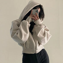 Load image into Gallery viewer, Women Casual Hoodies Autumn Retro Solid Color Zip Up Oversized Sweatshirts Harajuku Long Sleeve Hooded Loose Short Jackets Coat