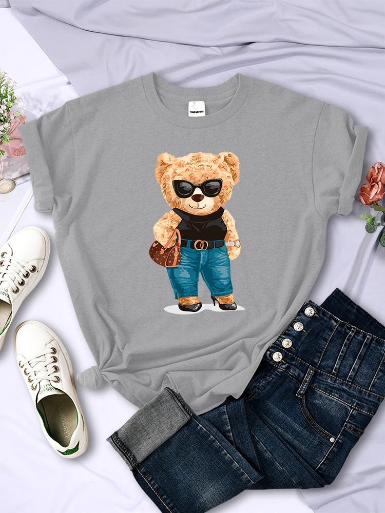 Fashion Teddy Bear Rich Woman T-Shirt Street Hip Hop Short Sleeves Personality Hip Hop T Shirt O-Neck Breathable Summer Tees