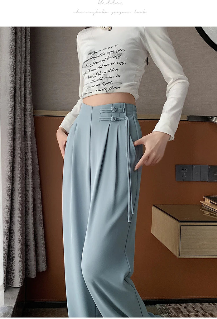 High Waist Buttons Suit Wide Leg Women's Full Pants 2024 New Spring Summer Female Elegant Minimalism Straight Loose Trousers