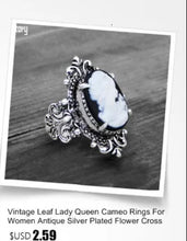 Load image into Gallery viewer, Vintage Leaf Lady Queen Cameo Rings For Women Antique Silver Plated Flower Cross Pink Cameo Ring Fashion Jewelry