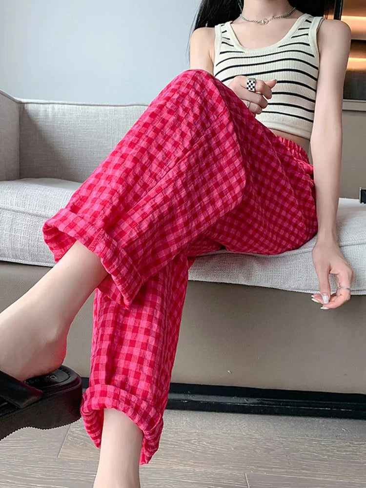 New Women's Checkered Cotton Hemp High Waist Casual Haren Pants Summer Korean Fashion Loose Women Seven Split Wide Leg Pants