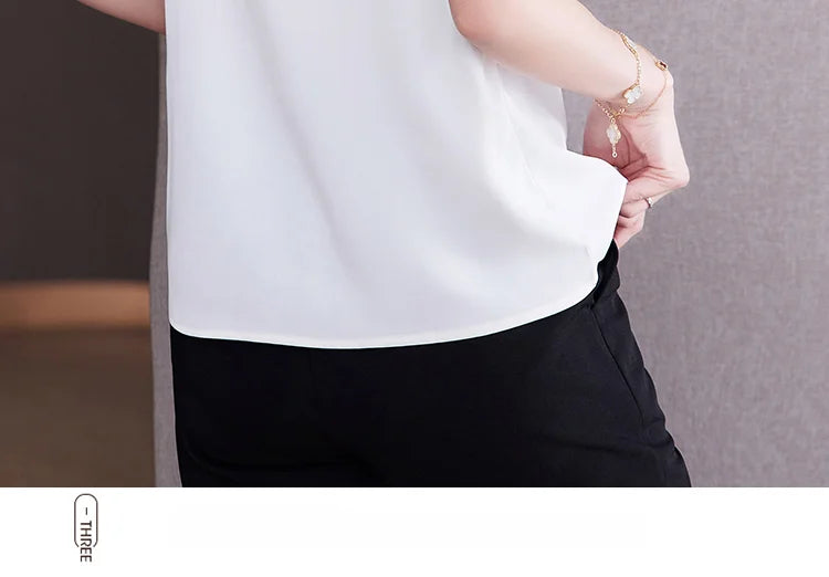 Bow Tie Blouse Shirt for Women OL Elegant Blouses Satin Womens Tops Silk Female Clothing 2023 Korean Fashion Short Sleeve Blouse