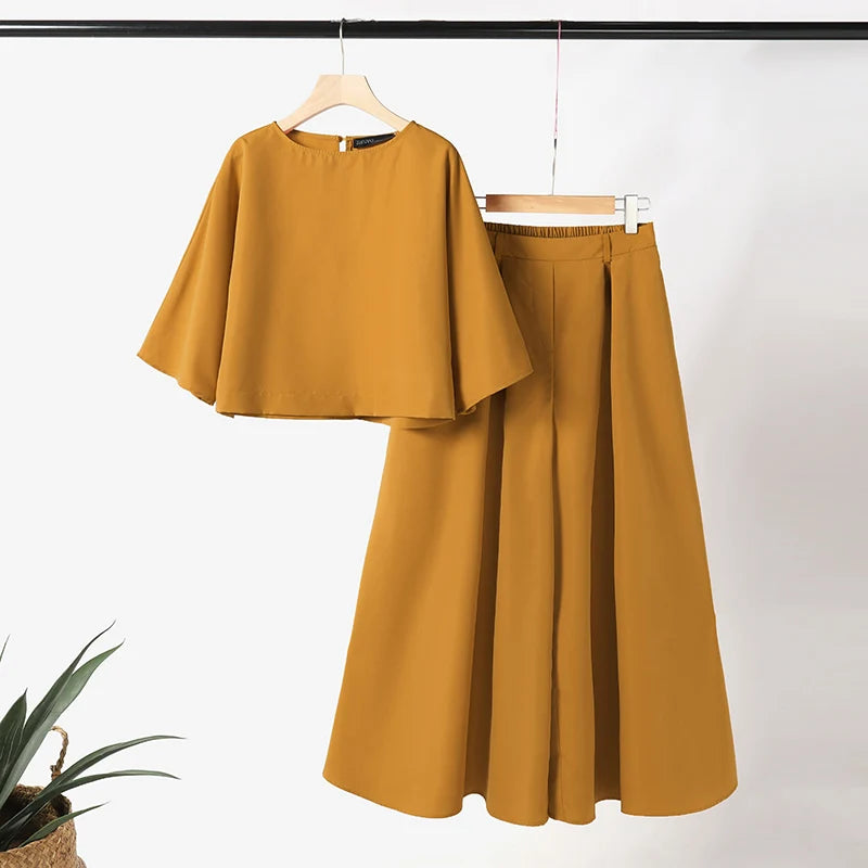 ZANZEA Summer Pant Sets Fashion Matching Sets Women Three Quarter Sleeve O-Neck Side Pockets Top 2PCS Blouses Long Wide Leg Pant