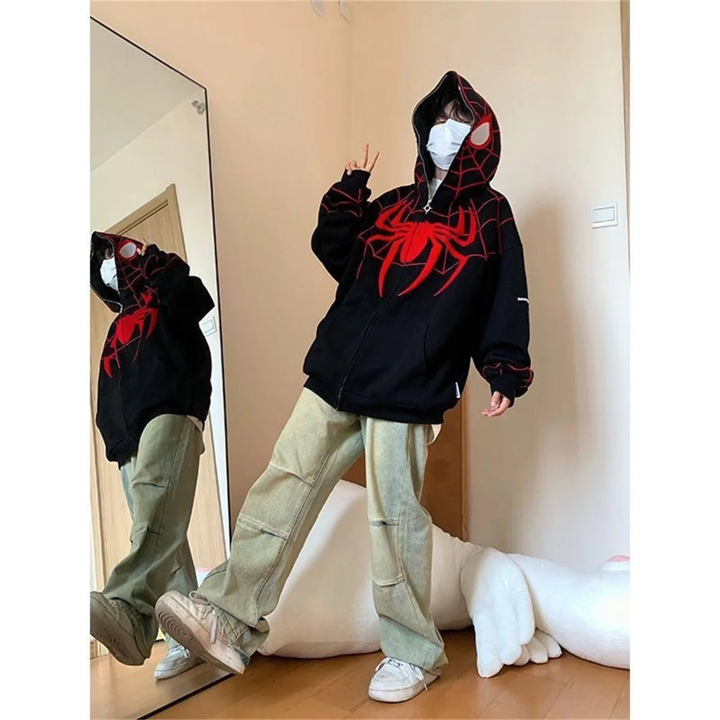 Embroideried Spider Full Zip Up Hoodies Women Men Long Sleeve Loose Jacket Hood Shirt Harajuku Hip Hop Streetwear Y2K Sweatshirt