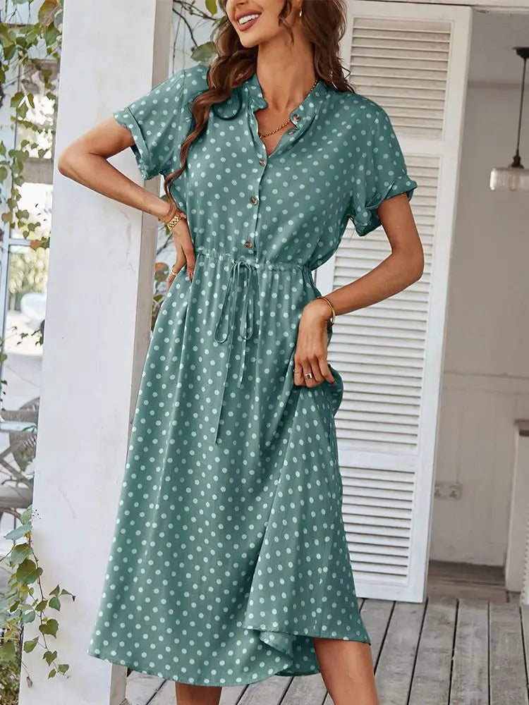 Ladies Polka Dot Print Shirt Dress Women Casual Midi Holiday Summer Dress Female Loose Women Beach Dress Sundress Robe Vestidos