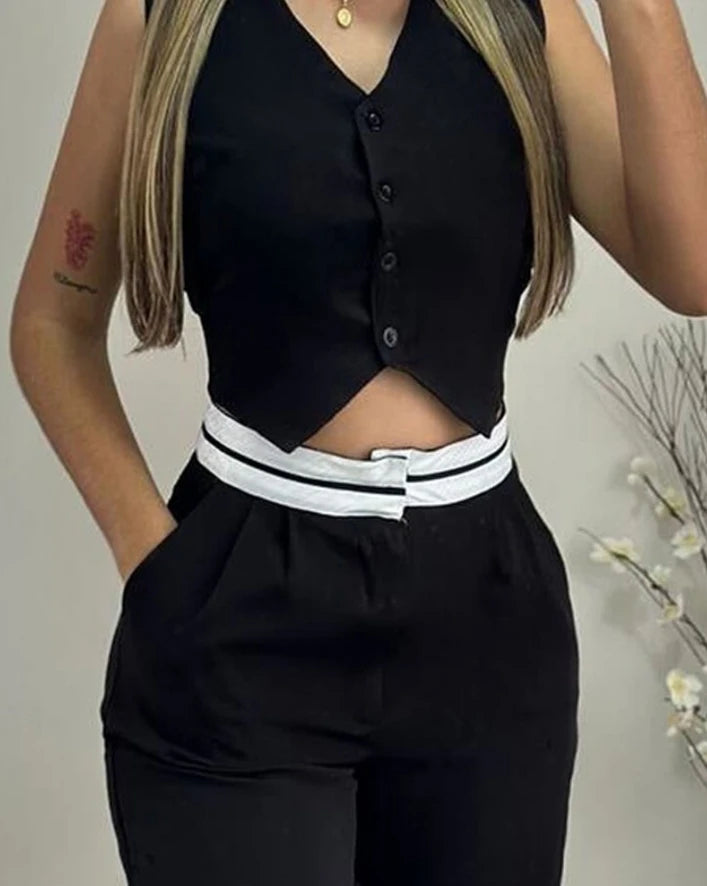 Women's Elegant V-Neck Buttoned Vest Top & Pocket Design Pants Set 2024 Summer Female Fashion High Waist Casual Trousers Outfits