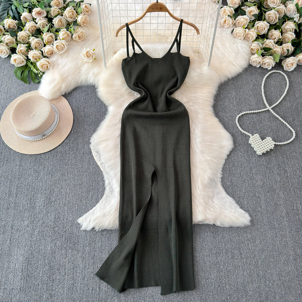 sweet Sleeveless Backless Solid Knit Split Slip Dress Chic Elastic Slim Fashion Party Women Elegant Wrap Pencil dresses