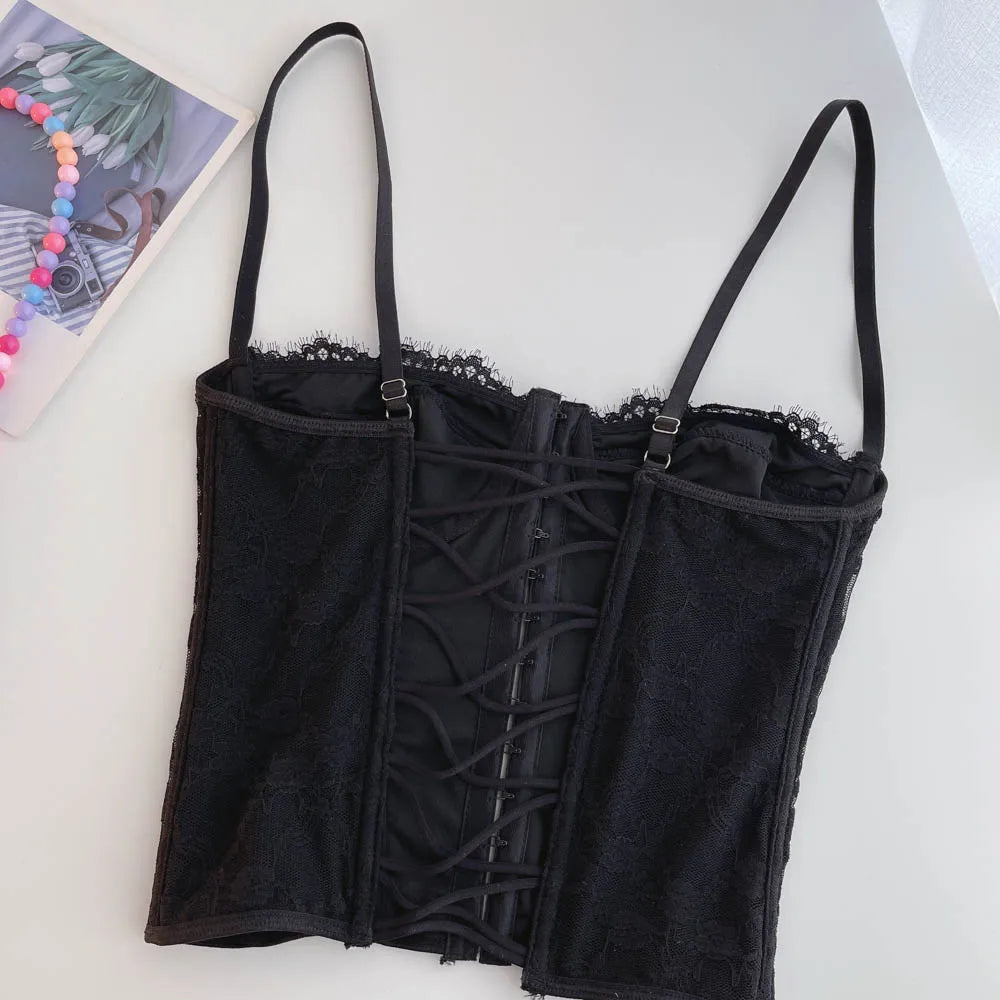 Sexy Embroidery Lace Women Camis Tops Women Corset Bralette Cami Front Buttons Crop Cute Vest Elegant French Chic Party Clubwear