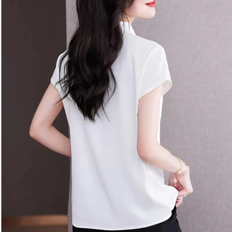 Bow Tie Blouse Shirt for Women OL Elegant Blouses Satin Womens Tops Silk Female Clothing 2023 Korean Fashion Short Sleeve Blouse