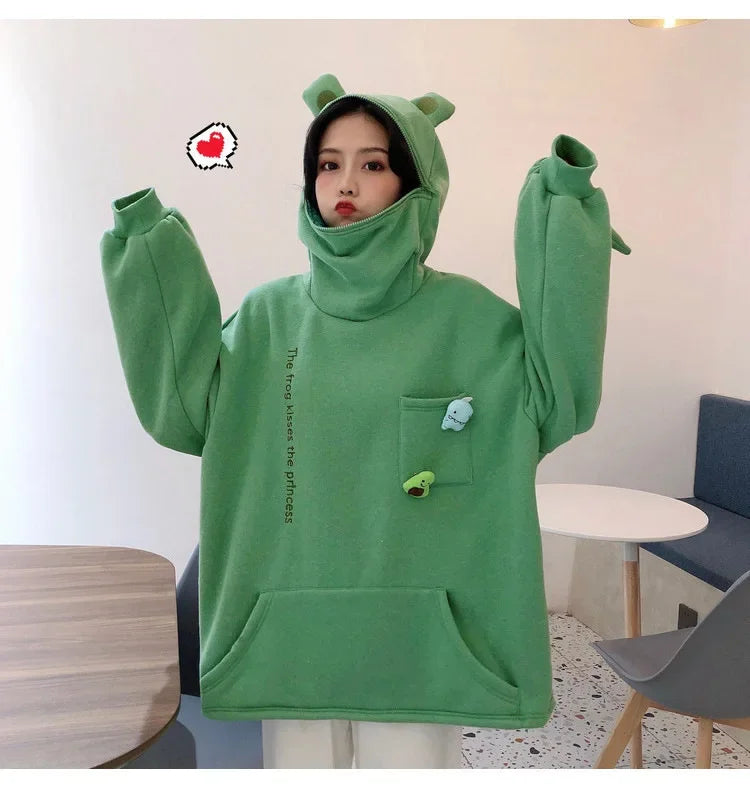 S-3XL Frog Zipper Hoodie Fleece Lined Springtime Embroidery oversized Sweatshirt Harajuku Warm Pullover Korean Style Dropship