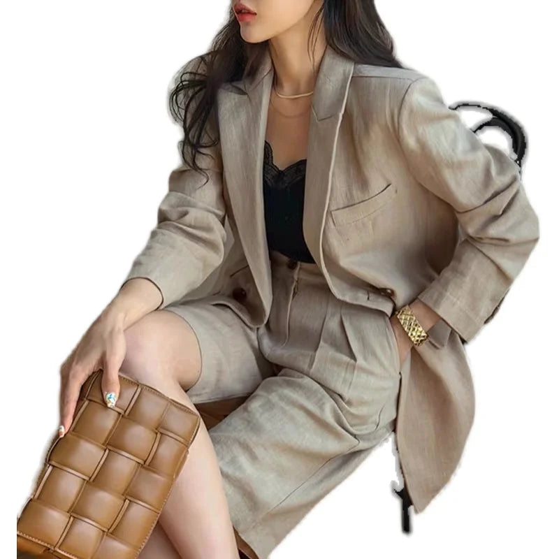 Flax Suit Women's Spring Summer 2023 New Casual Thin Cotton  Linen Small Blazers+shorts Two-piece Sets Comfortable Khaki Suits