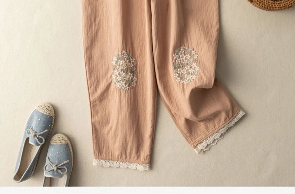 Cotton Flower Embroidery Casual Pants Literary Vintage Loose Slim Lace Wide Leg Trousers Breathable Harem Pants