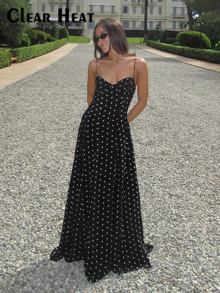 Sexy Black Spotted Backless A-line Sling Long Dresses Elegant Sleeveless High Waist Slim Dress Summer Lady Vacation Party Robes