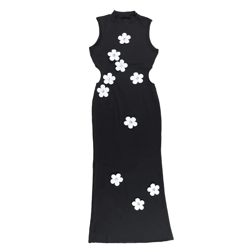 Weird Puss Flower Appliques Dress Woman Summer Sexy Splits Sleeveless Simple Half High Collar Classical Party Skinny Vestidos