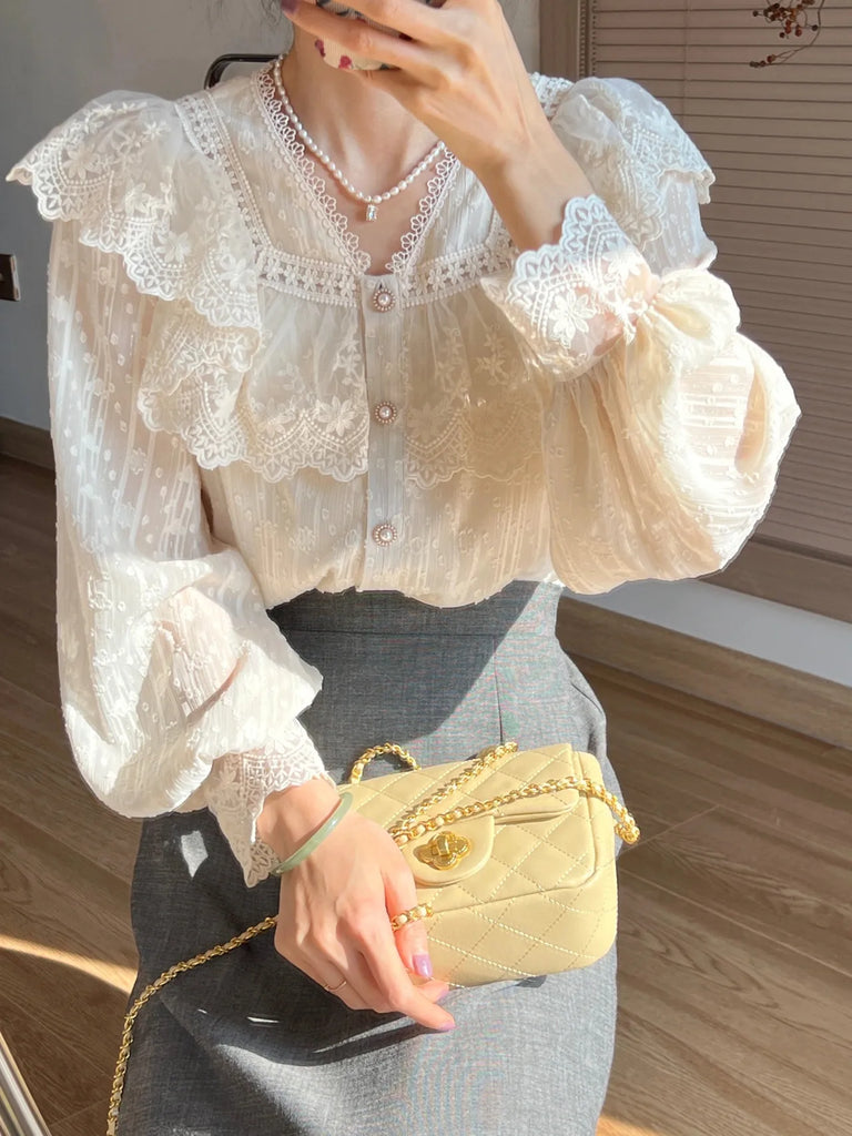 Vintage French Women Shirts Lace Lolita Elegant Long Sleeve Flounce Blouse High Quality Office Lady New Fashion Chic Female Tops