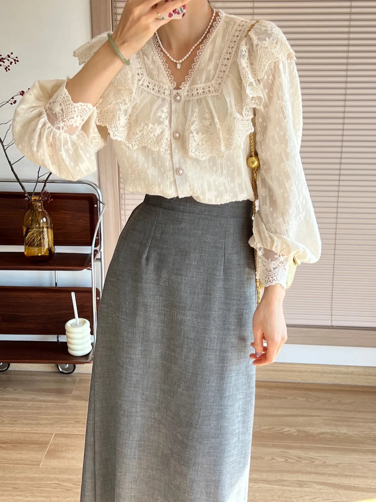 Vintage French Women Shirts Lace Lolita Elegant Long Sleeve Flounce Blouse High Quality Office Lady New Fashion Chic Female Tops