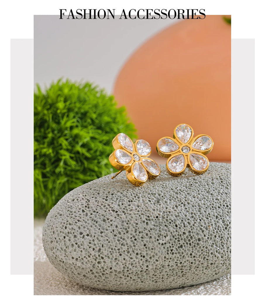 Yhpup AAA Bling Cubic Zirconia Flower Golden Stud Earrings for Women 316L Stainless Steel Fashion Shiny Jewelry Waterproof