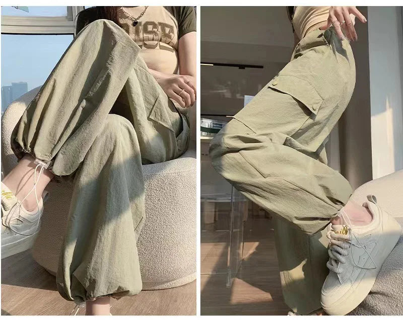 Women Solid Color Fashion Temperament Straight  Cargo Pants Casual Big pocket Wide leg Long Pants Sports outside trousers