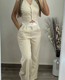 Women's Elegant V-Neck Buttoned Vest Top & Pocket Design Pants Set 2024 Summer Female Fashion High Waist Casual Trousers Outfits