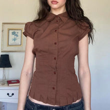 Load image into Gallery viewer, IAMHOTTY Fairycore Pleated Hem Shirt Brown Slim-fitting Turn-down Collar Blouses Button-up Short Sleeve Tops Streetwear Chic Y2K