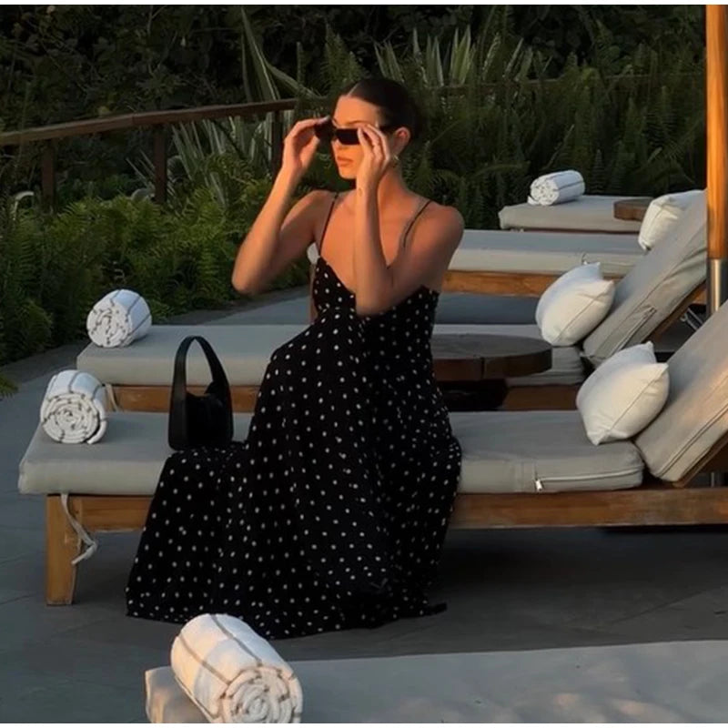 Sexy Black Spotted Backless A-line Sling Long Dresses Elegant Sleeveless High Waist Slim Dress Summer Lady Vacation Party Robes