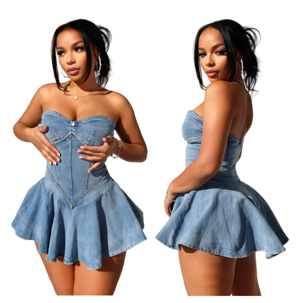 Lovely Lady Denim Club Dress Sexy Women Strapless Elegant Blue Jeans Skater Party Dress