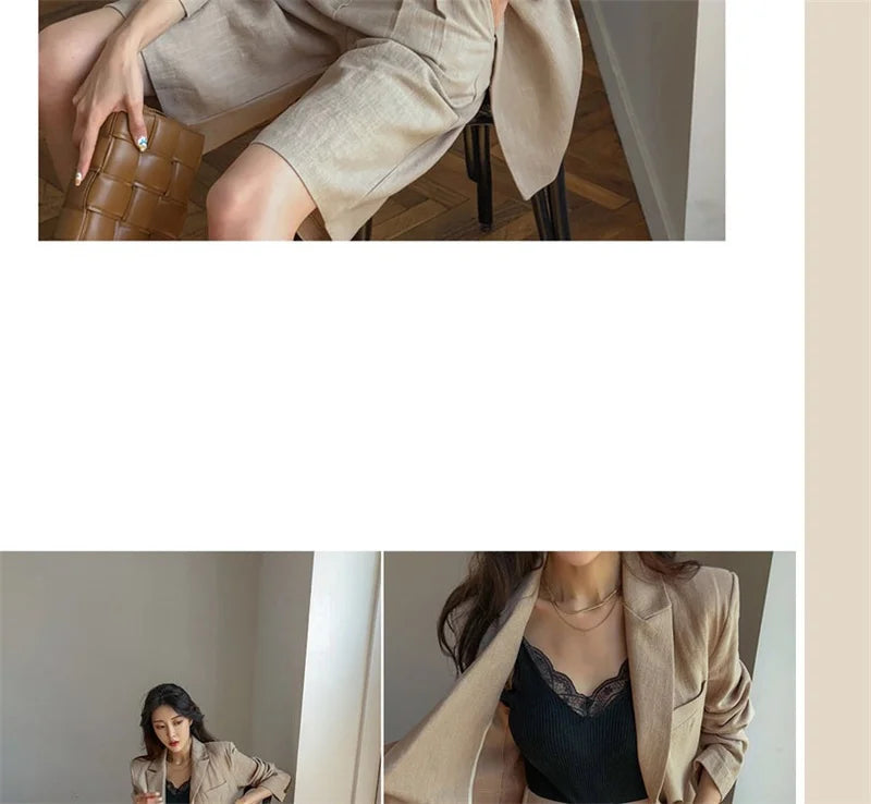 Flax Suit Women's Spring Summer 2023 New Casual Thin Cotton  Linen Small Blazers+shorts Two-piece Sets Comfortable Khaki Suits