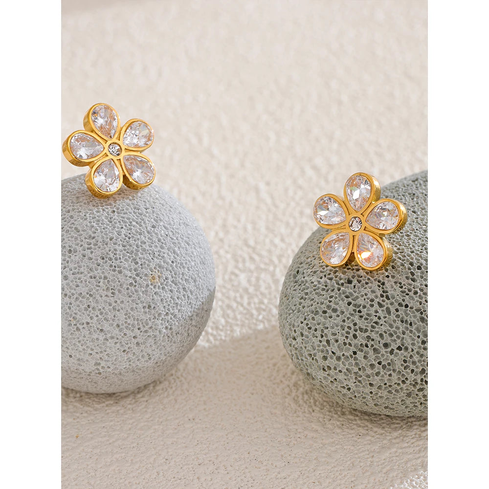 Yhpup AAA Bling Cubic Zirconia Flower Golden Stud Earrings for Women 316L Stainless Steel Fashion Shiny Jewelry Waterproof