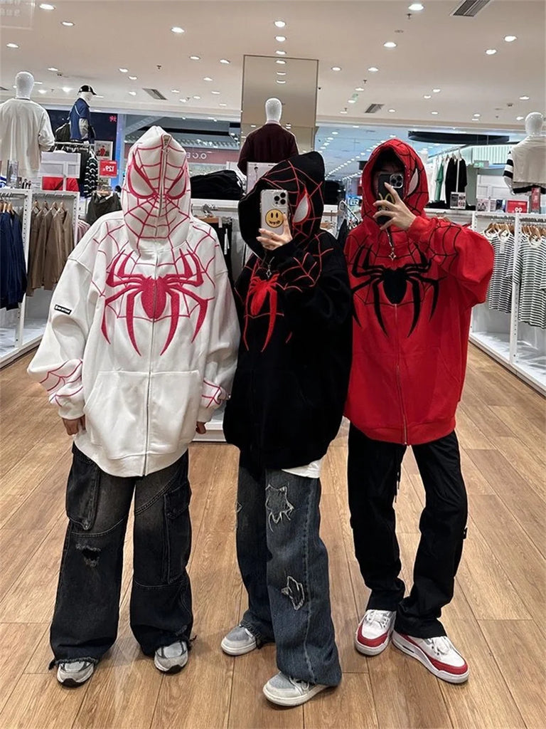 Embroideried Spider Full Zip Up Hoodies Women Men Long Sleeve Loose Jacket Hood Shirt Harajuku Hip Hop Streetwear Y2K Sweatshirt